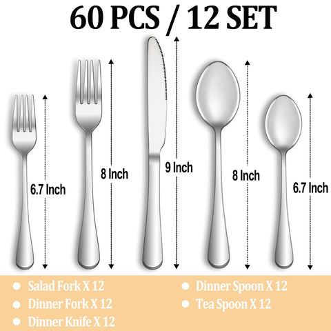 MUTNITT 60-piece silverware set dinner spoons on reflective mirror finish