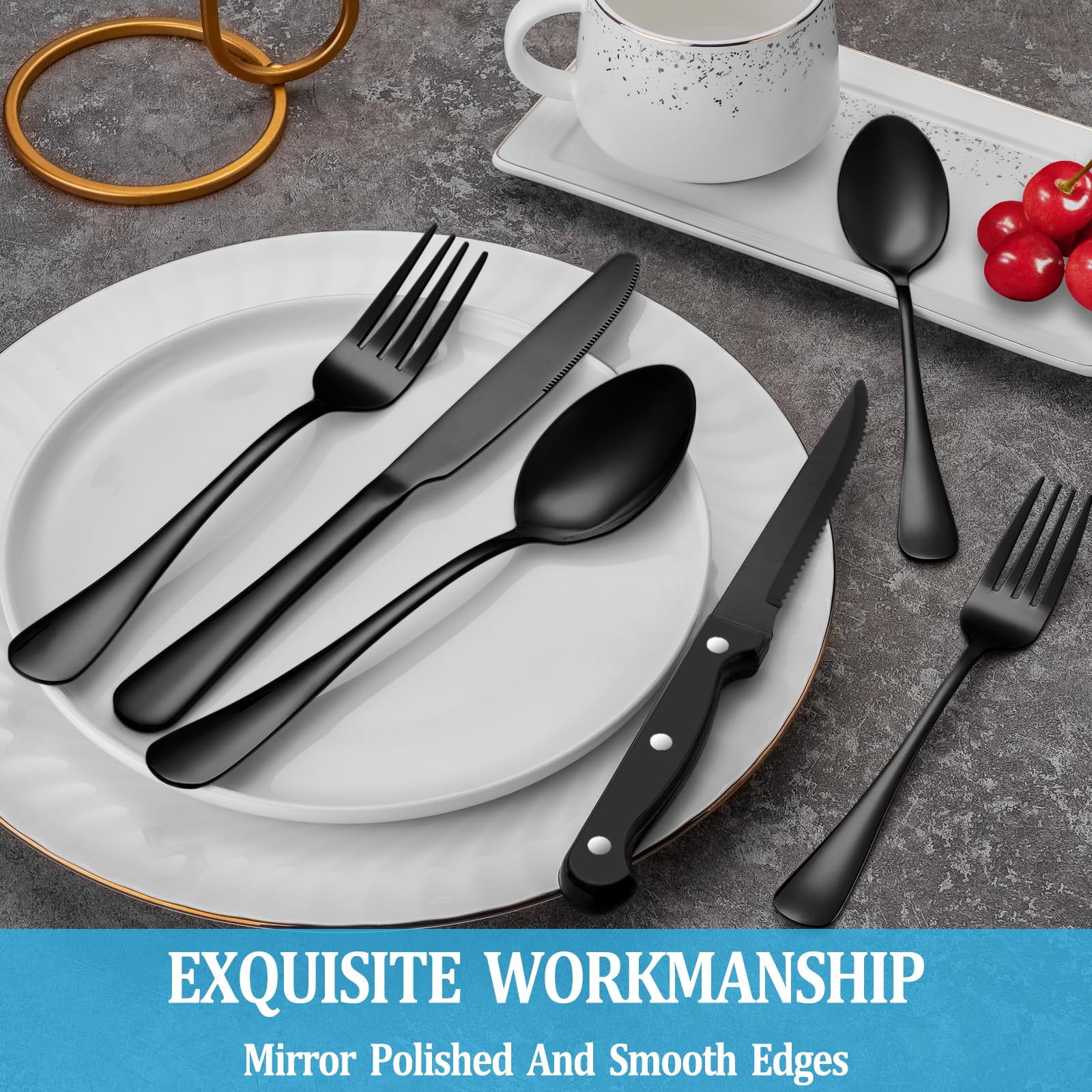 MUTNITT black dinner flatware on a polished table creates a luxe vibe