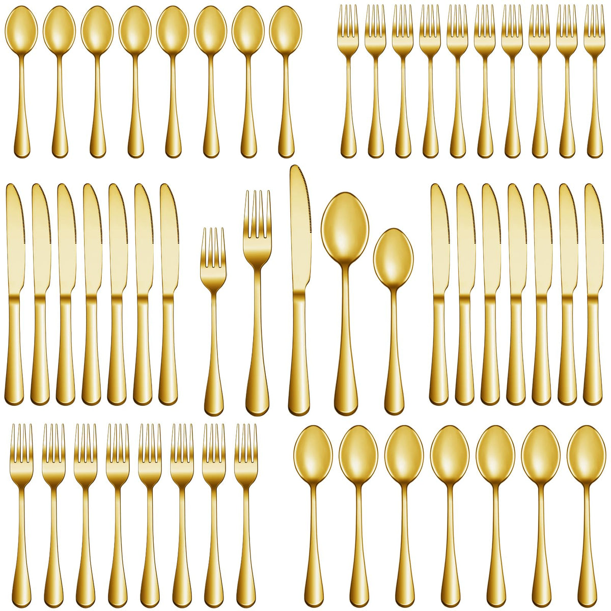 MUTNITT gold silverware set for 6 on a polished dinner table.