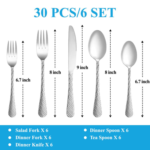MUTNITT hammered silverware service for 6 dinner spoons showcases durable, rust-resistant stainless steel.