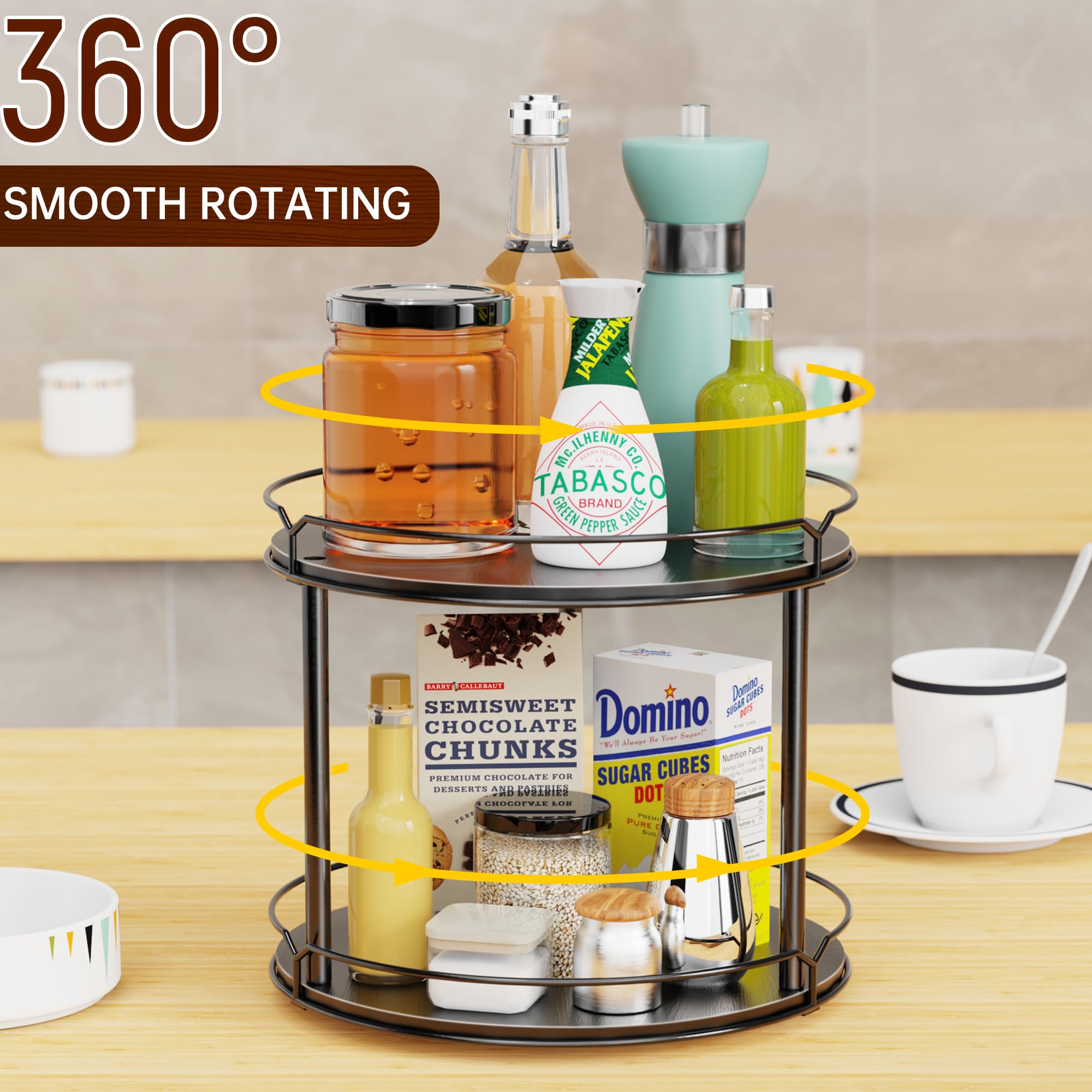 MUTUALUS two-tier lazy Susan on dining table creates functional centerpiece.