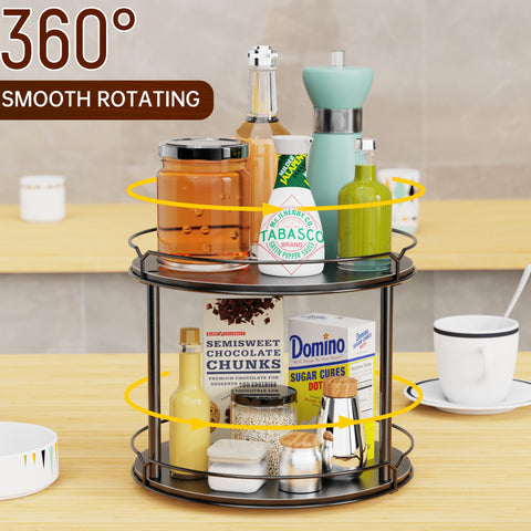 MUTUALUS two-tier lazy Susan on dining table creates functional centerpiece.