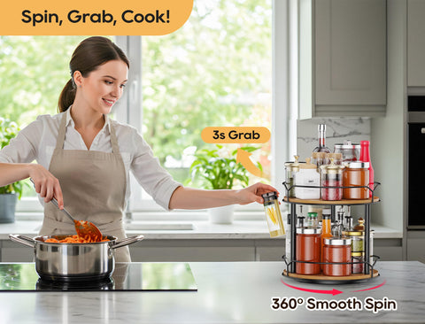 MUTUALUS two-tier turntable on kitchen counter keeps pantry items organized