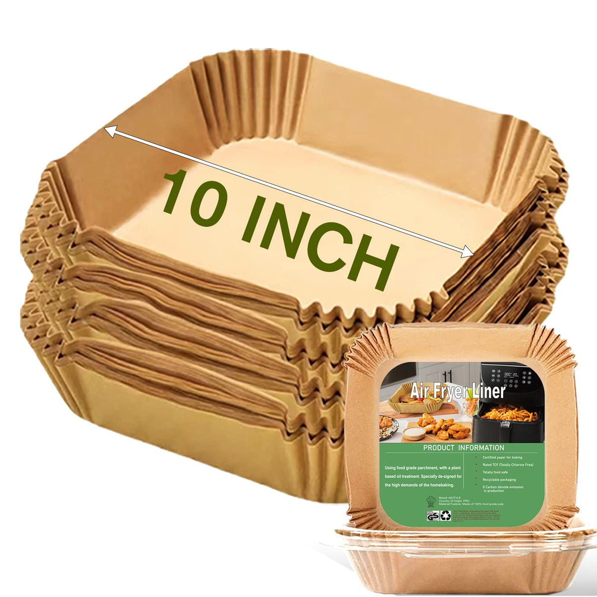 Mutvle 10-inch square airfryer liner for easy cleanup and non-stick cooking.