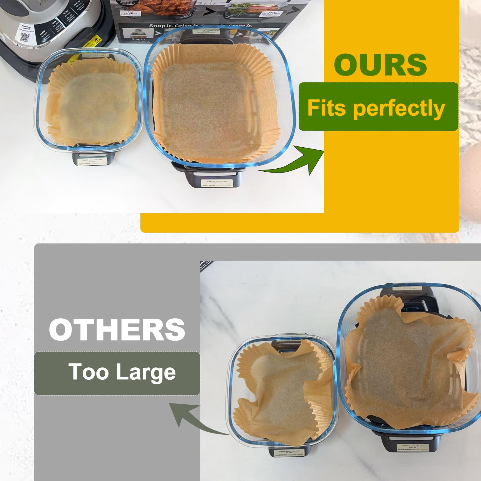 Mutvle Ninja Crispi small liners for 6-cup containers simplify cleanup after frying.