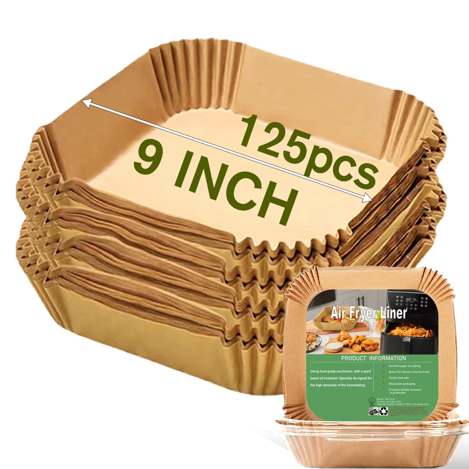 Mutvle pack 125pcs square 9-inch liners prevent messes during air frying