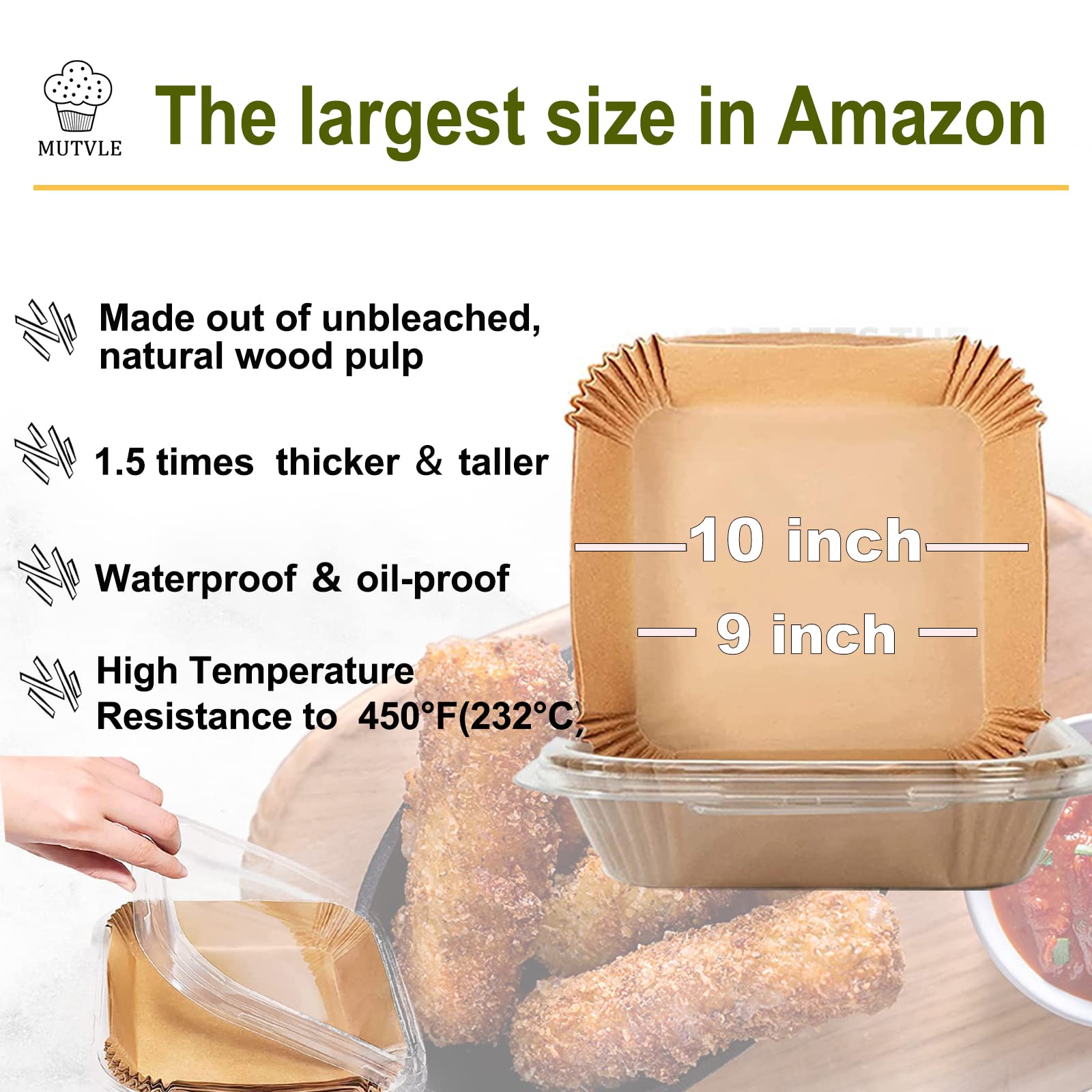 Mutvle XXL 100-pack parchment liners for 8 qt and larger air fryers.