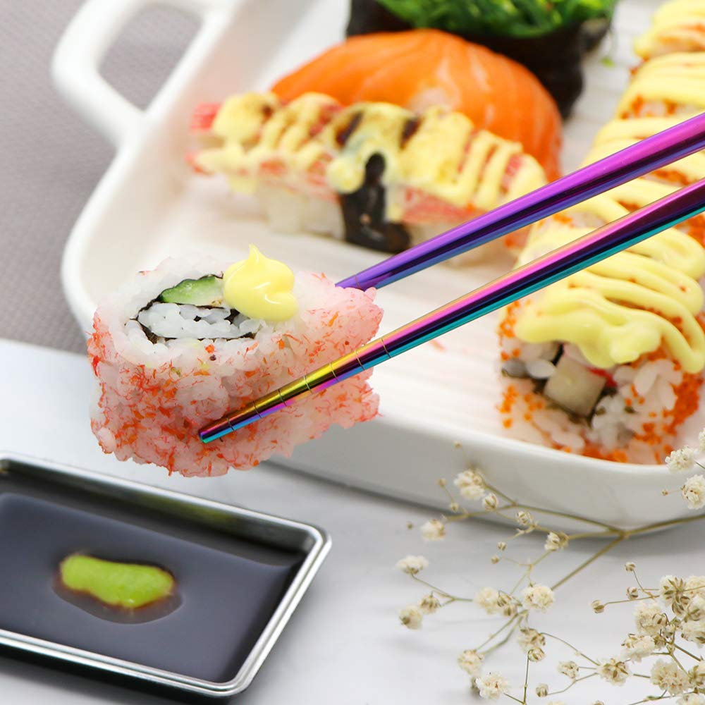MUYOS dishwasher-safe metal chopsticks with color-safe finish.