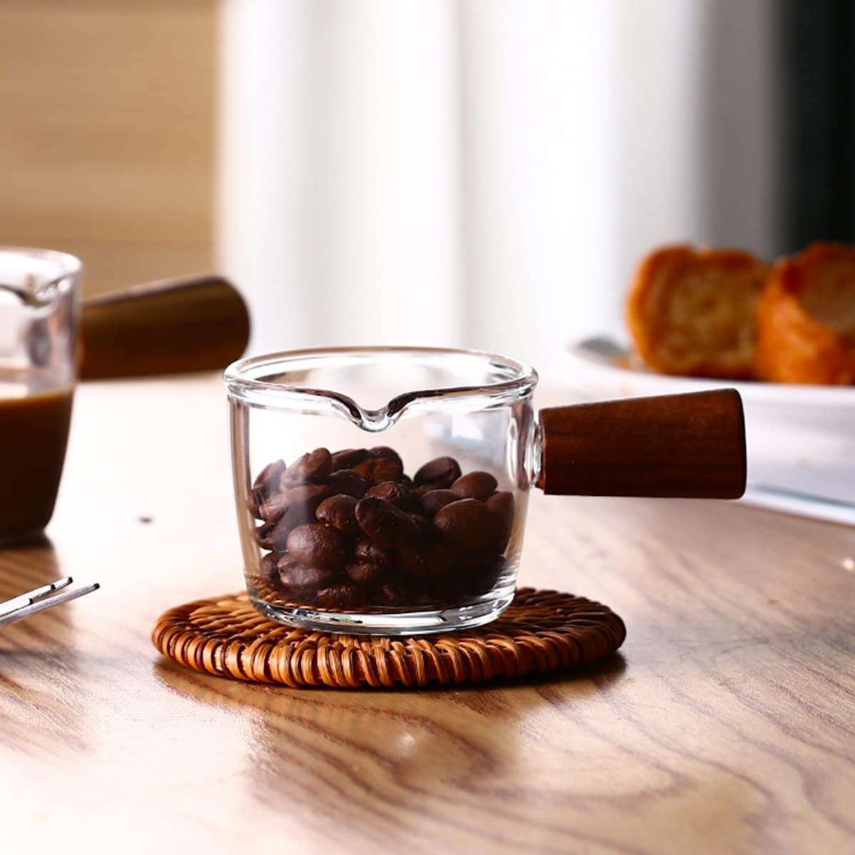 Mwellewm wood-handled glass cup ideal for espresso and milk pours