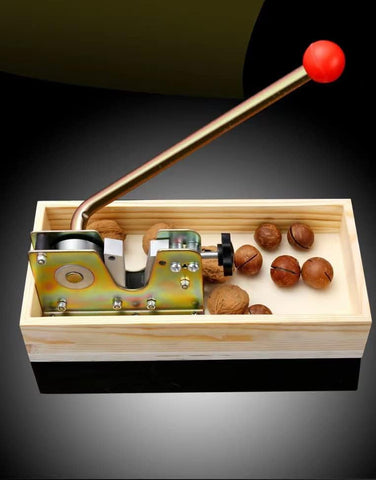 MxTong nutcracker wooden storage basket keeps shells organized on the counter.