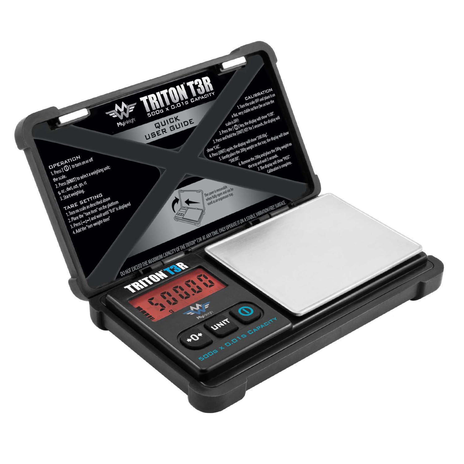 My Weigh Triton T3R 500g scale backlit display for easy reading in dim light