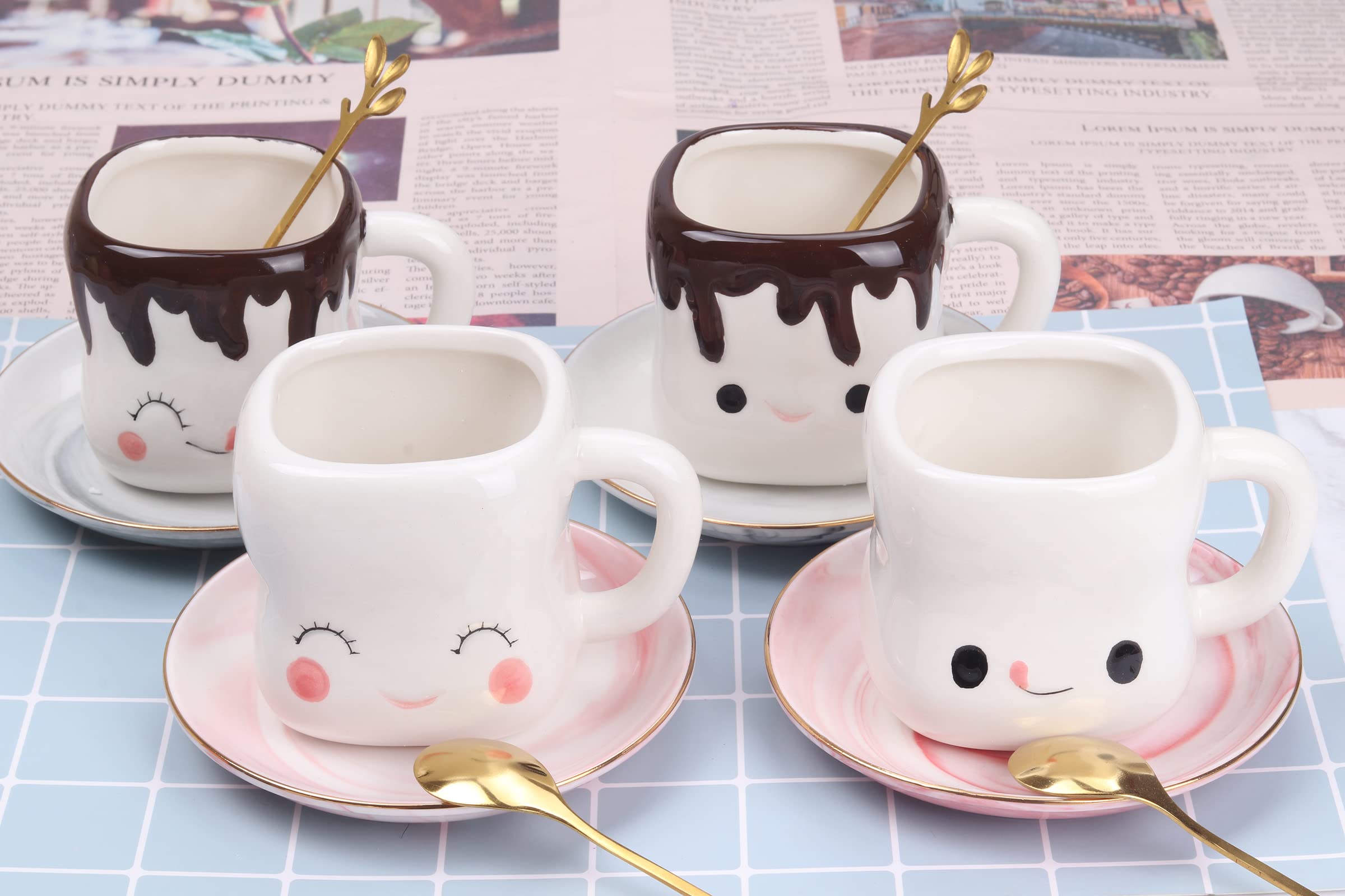 Mycts marshmallow mugs white ceramic close-up with smiley face.
