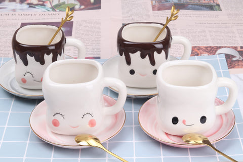 Mycts marshmallow mugs white ceramic close-up with smiley face.