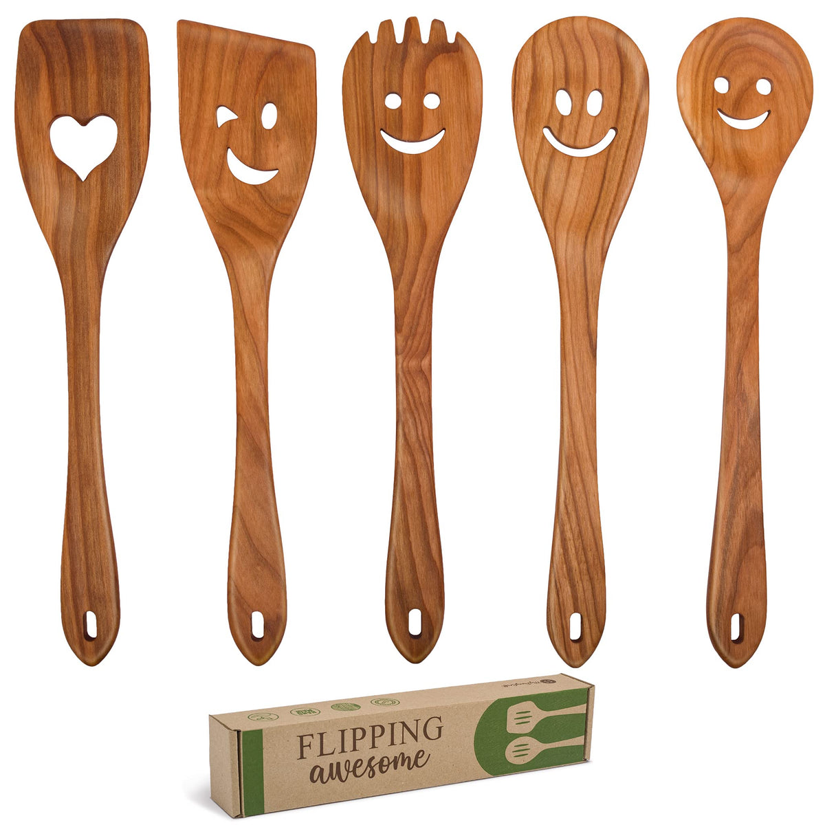 MyFancyCraft MFC 5-piece wooden spoons with smiley faces for scratch-free cooking and precise stirring.