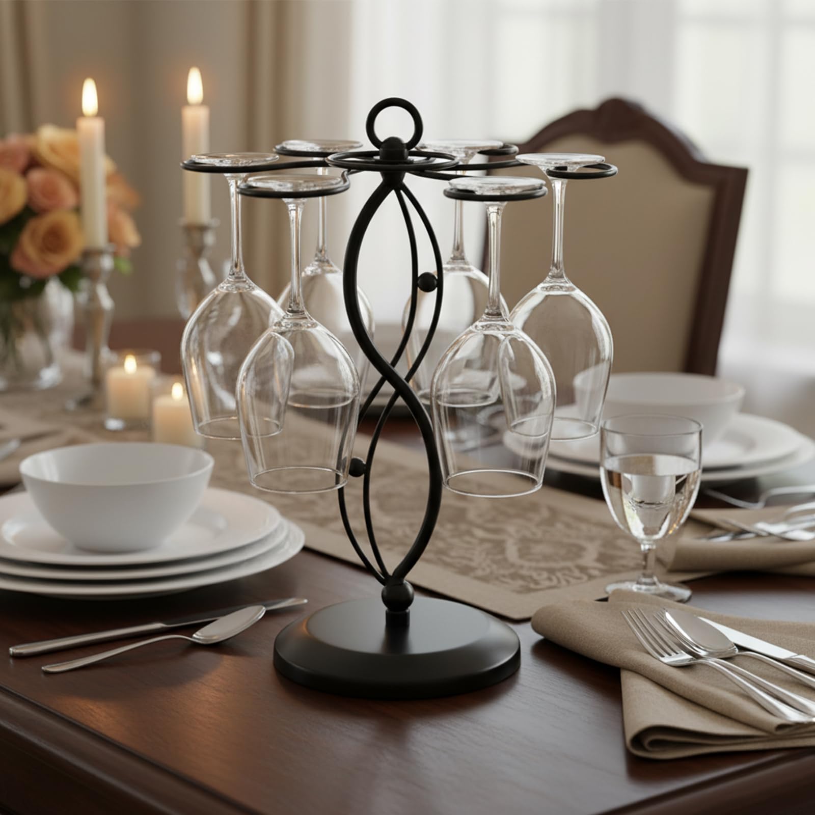 MyGift wine rack side view with 360° swivel hooks for organized storage.