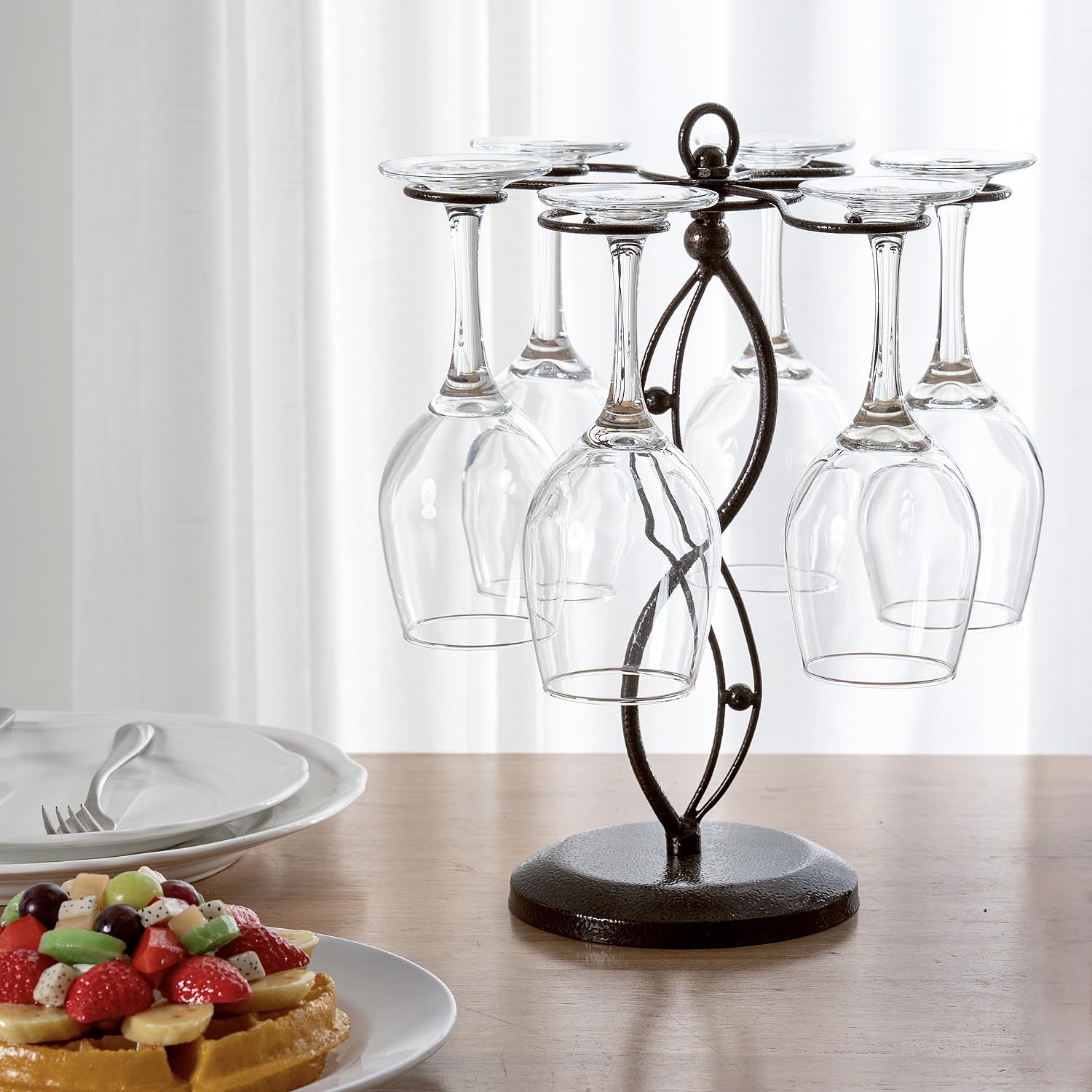 MyGift rotating central pole with hooks provides quick access to stemware.