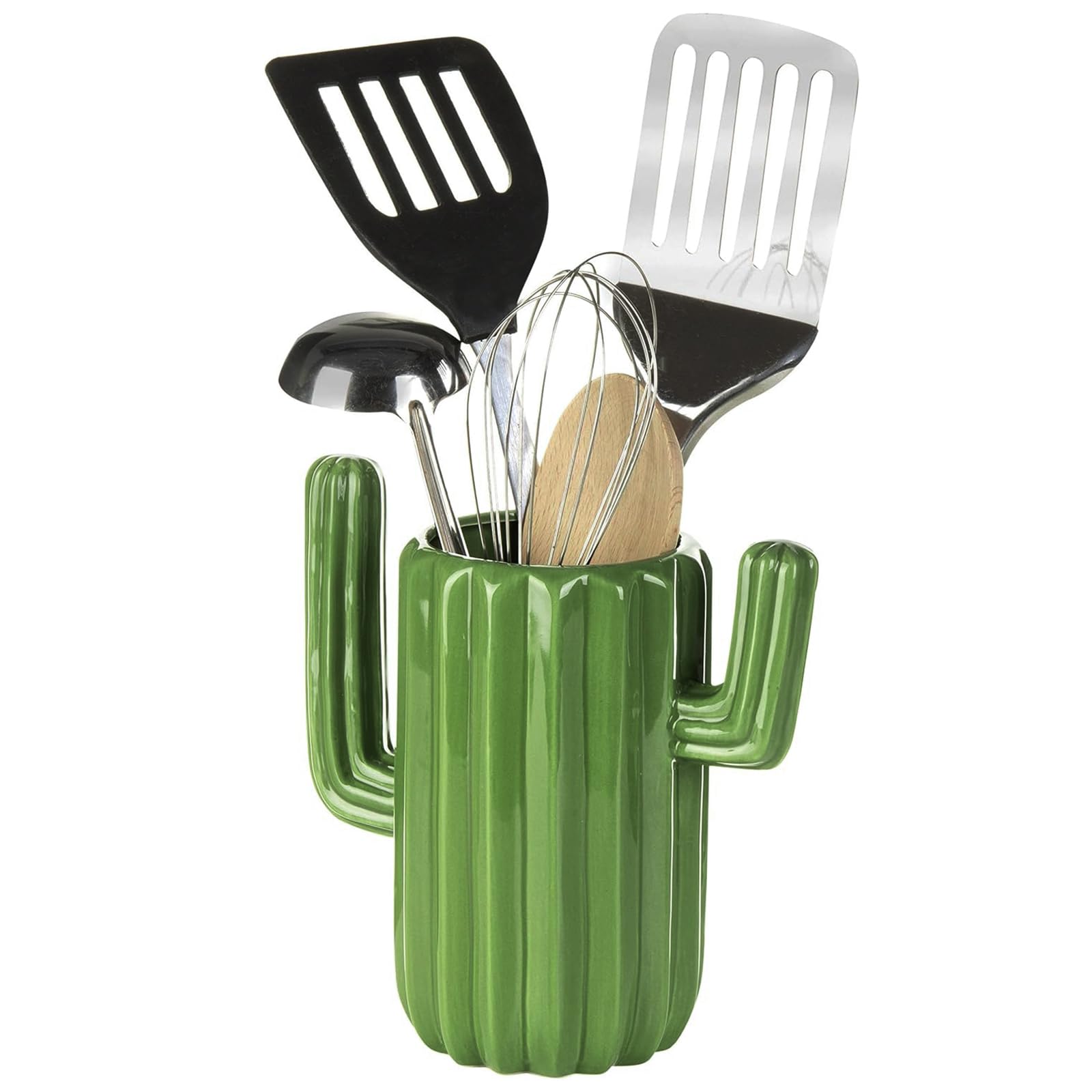 MyGift ceramic cactus utensil holder in vibrant green keeps kitchen spoons organized.