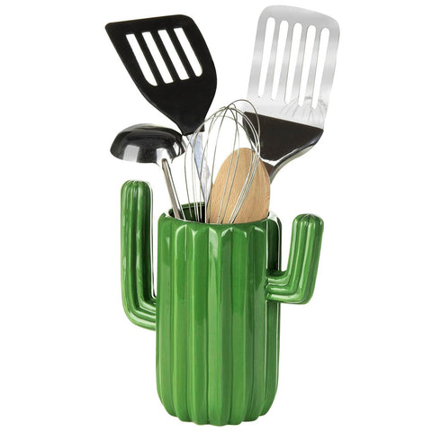 MyGift ceramic cactus utensil holder in vibrant green keeps kitchen spoons organized.