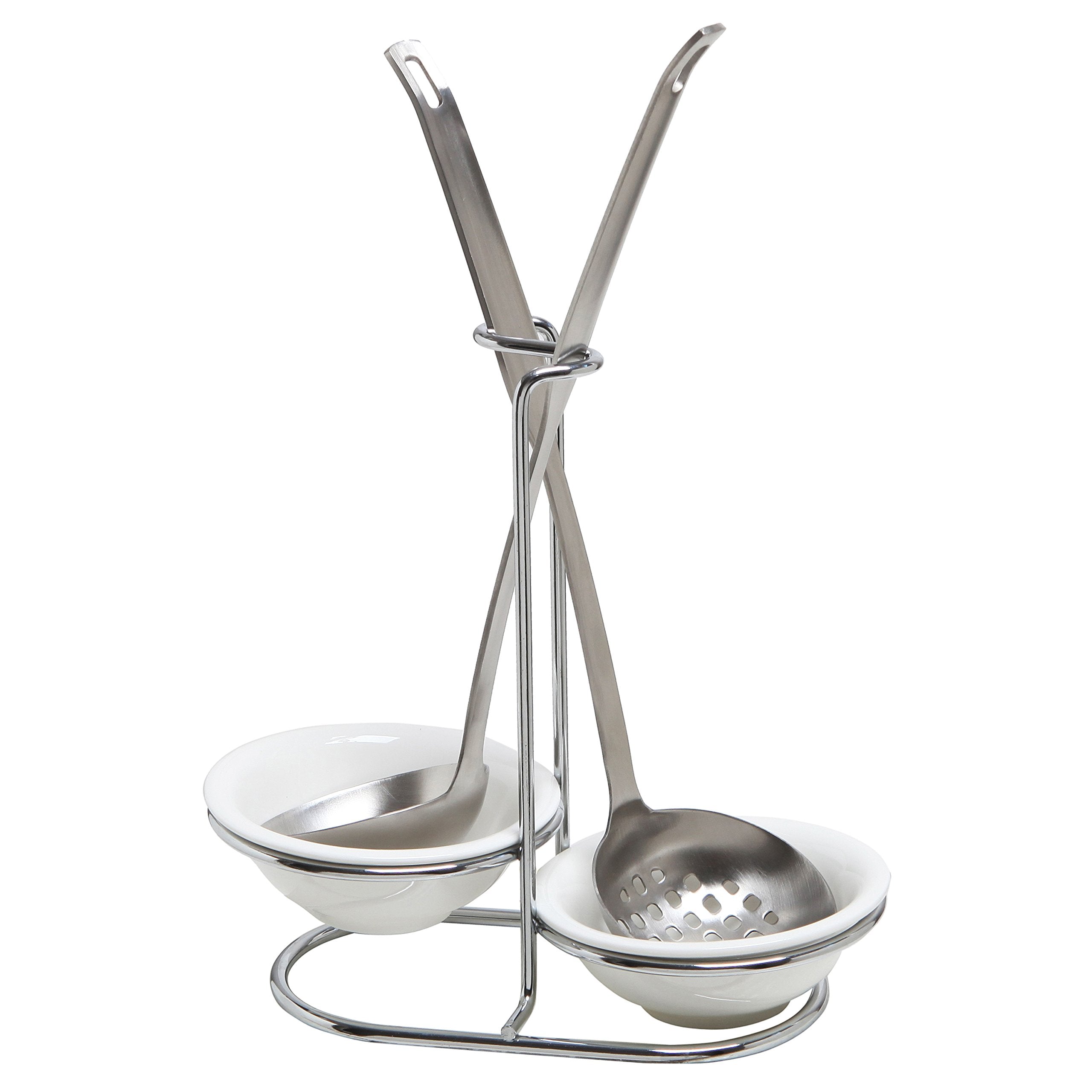 MyGift ceramic dish spoon rest set with two bowls and rack.