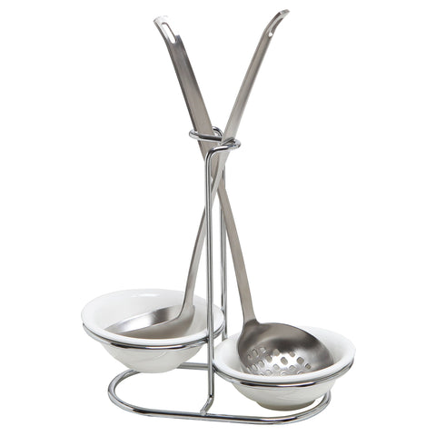 MyGift ceramic dish spoon rest set with two bowls and rack.