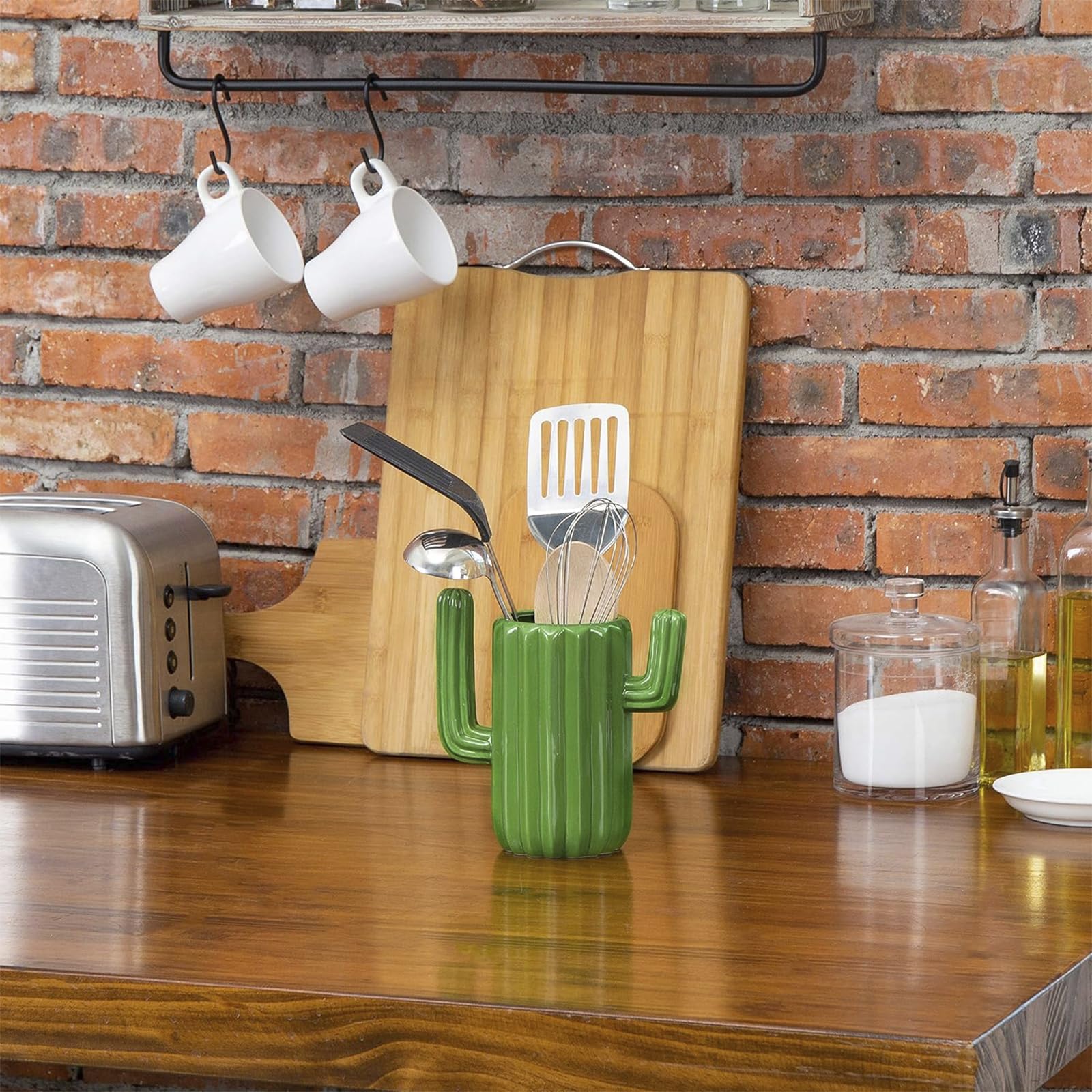 MyGift desert-green decor crock provides neat storage on the counter.