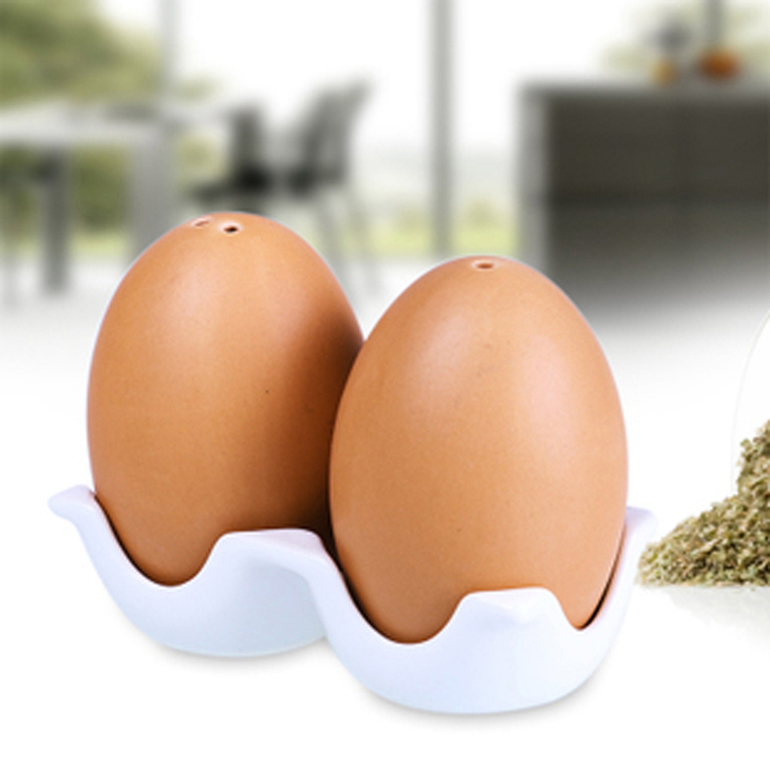 MyGift egg-shaker stand with flat base, stable on counters.
