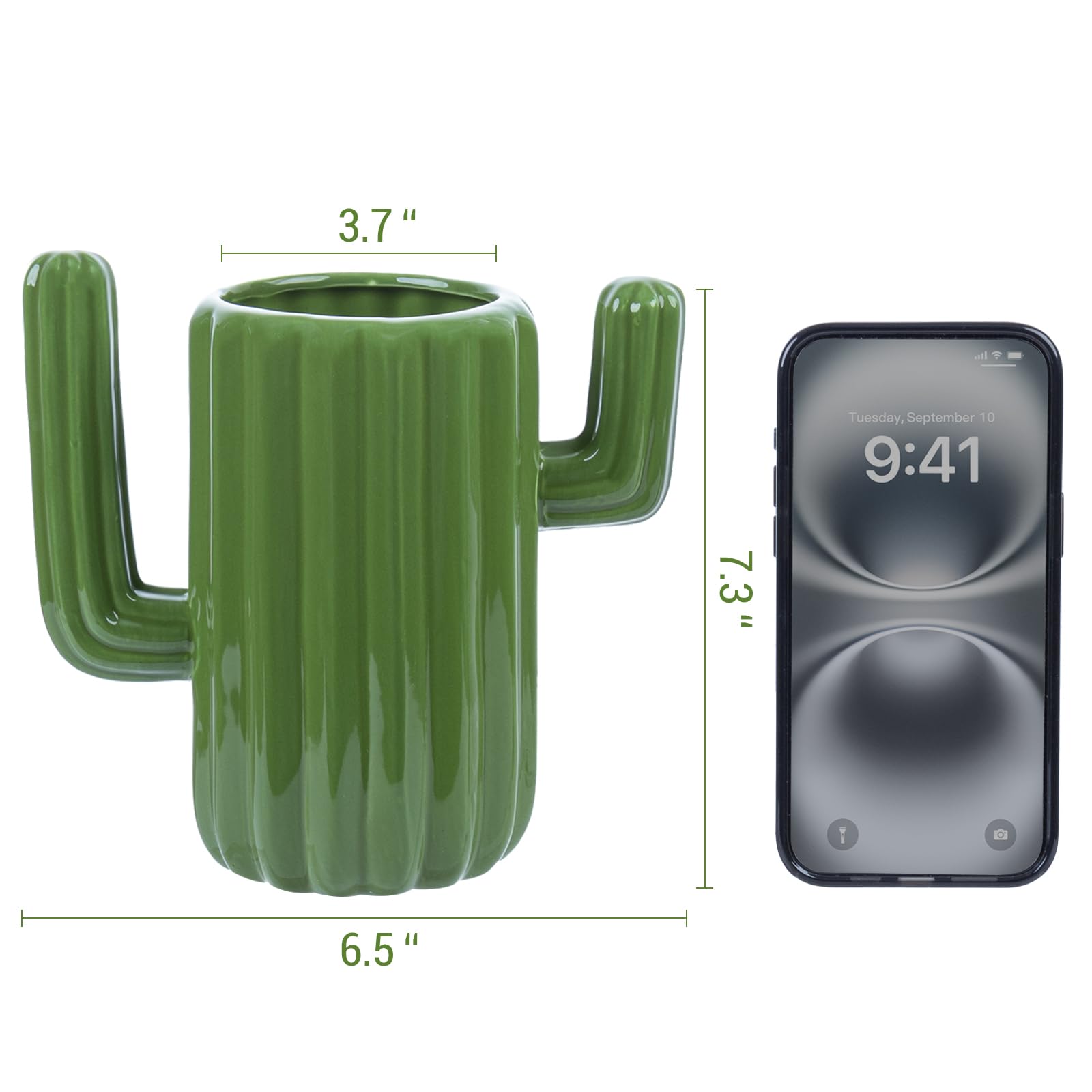 MyGift green desert-theme crock suits brushes or utensils with cactus flair.