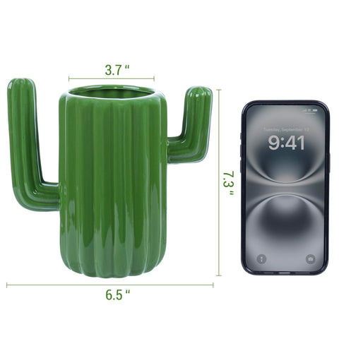 MyGift green desert-theme crock suits brushes or utensils with cactus flair.