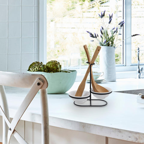 MyGift matte black metal rack elevates utensils off the counter