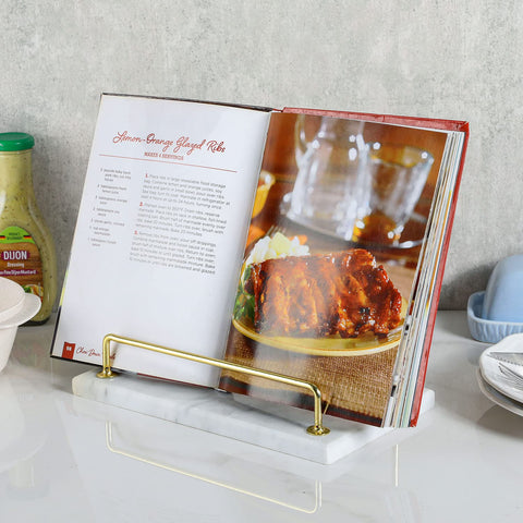 MyGift marble cookbook stand back view showing sturdy support for pages