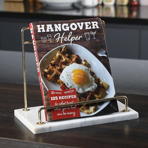 MyGift modern marble cookbook stand with brass rail front view for hands-free cooking