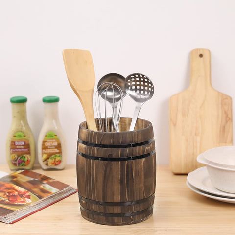 MyGift burnt wood utensil holder with black metal accents adds vintage kitchen flair.