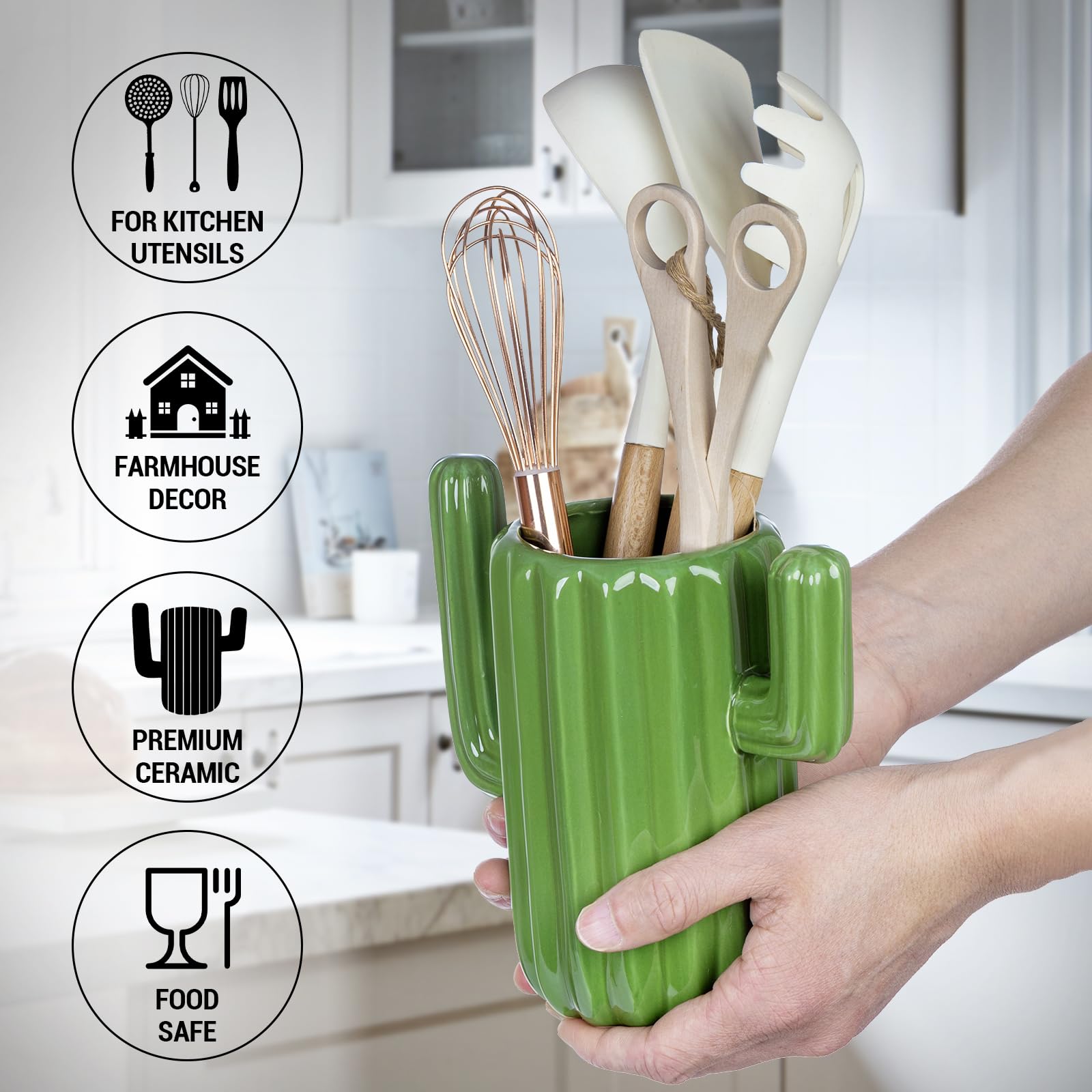 MyGift saguaro cactus shape organizer keeps kitchen tools within reach.