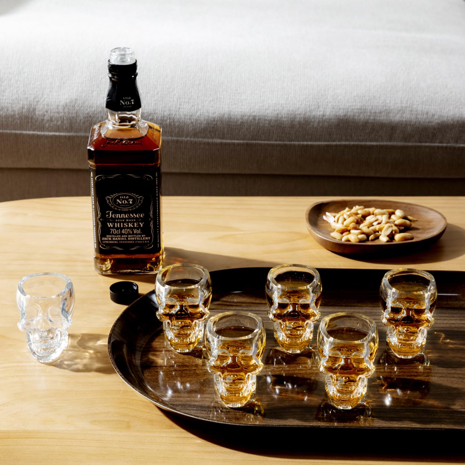 MyGift Skull Shot Glass Set arranged for a Halloween party setup.