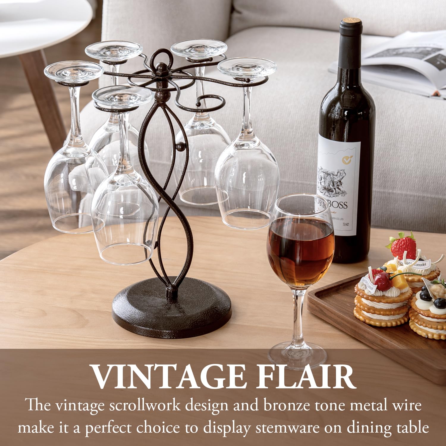 MyGift table-top wine glass holder with six hooks keeps glassware organized.