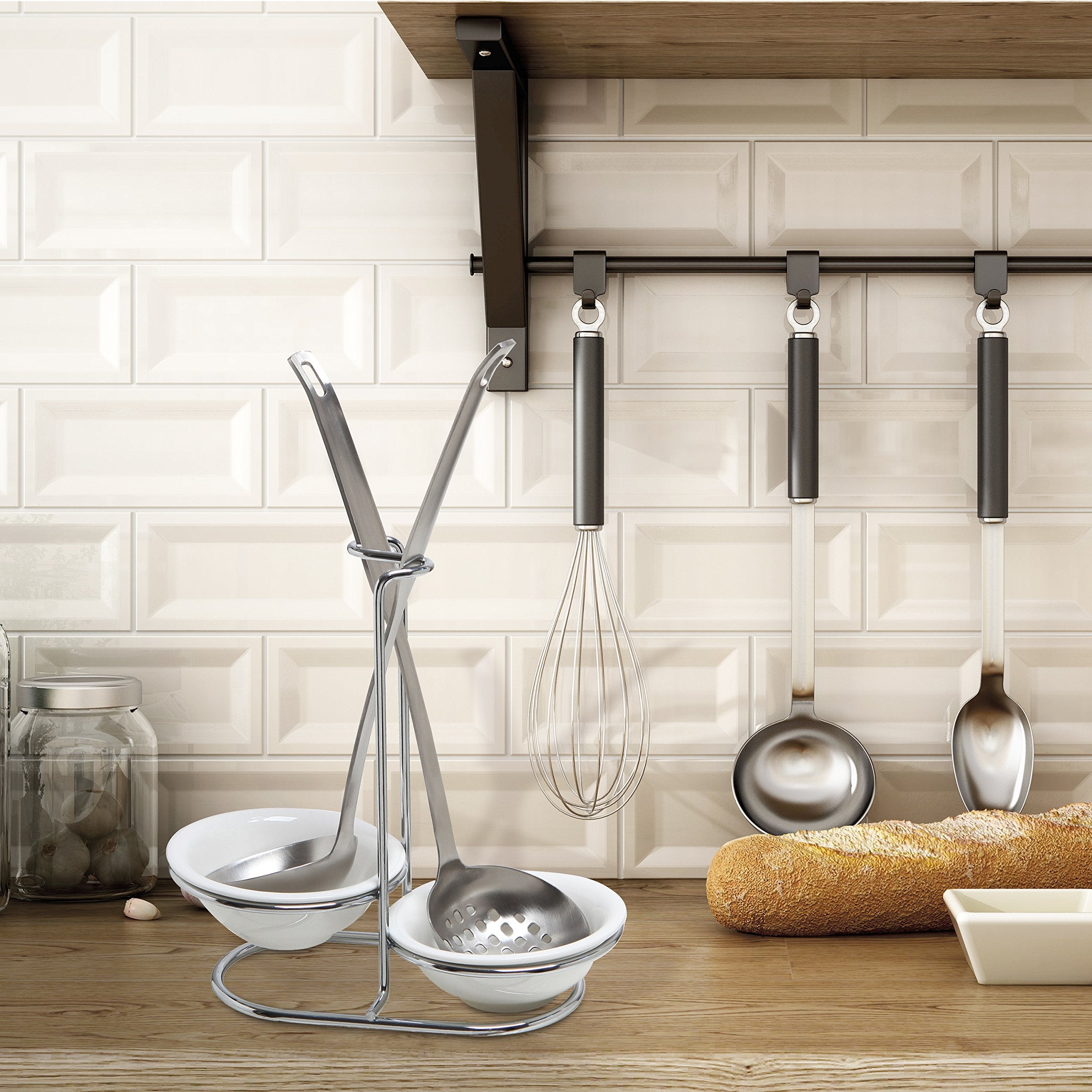 MyGift upright ladle holder with silver rack holds ladles neatly.