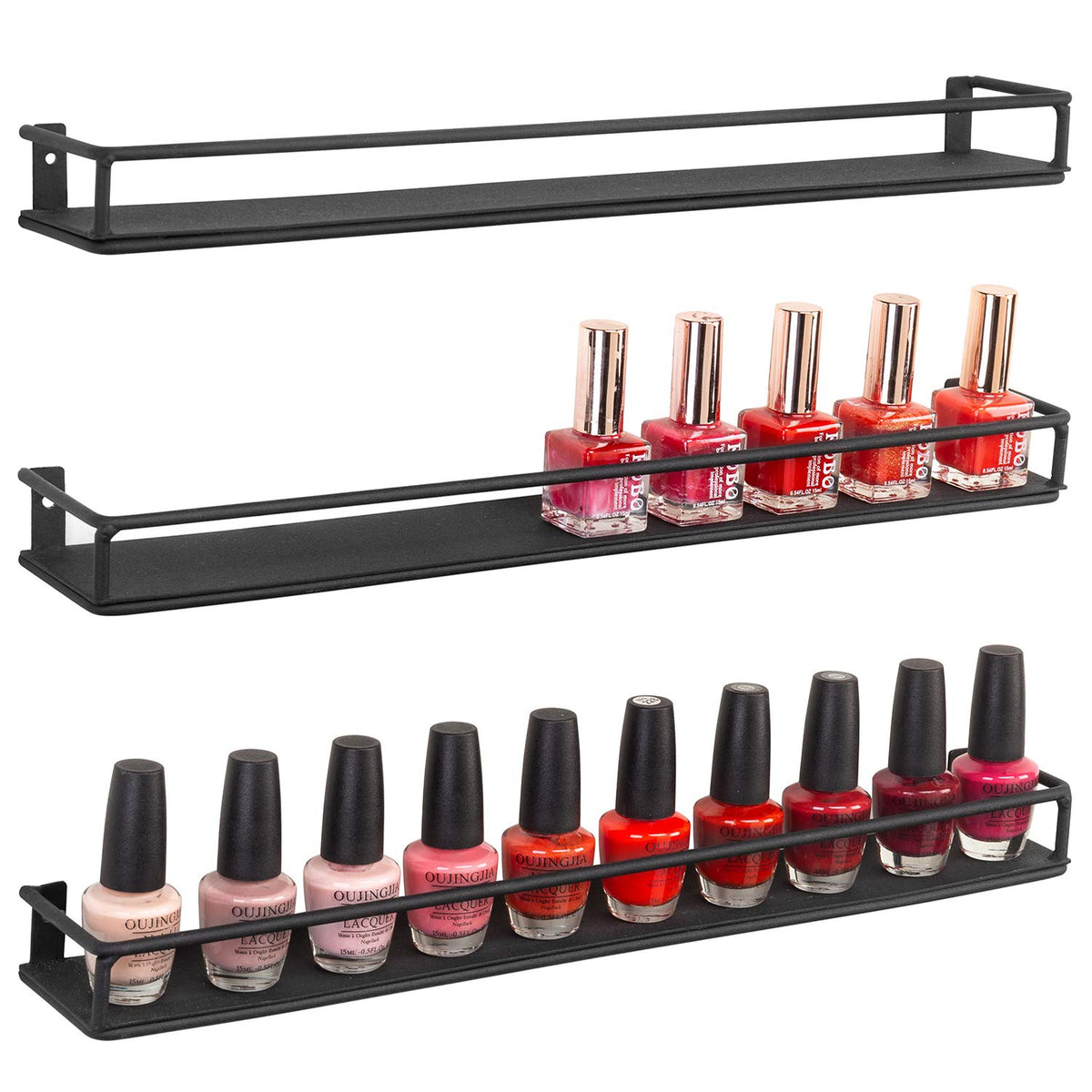 MyGift wall-mounted black metal shelves display three-pack for organized cosmetics.
