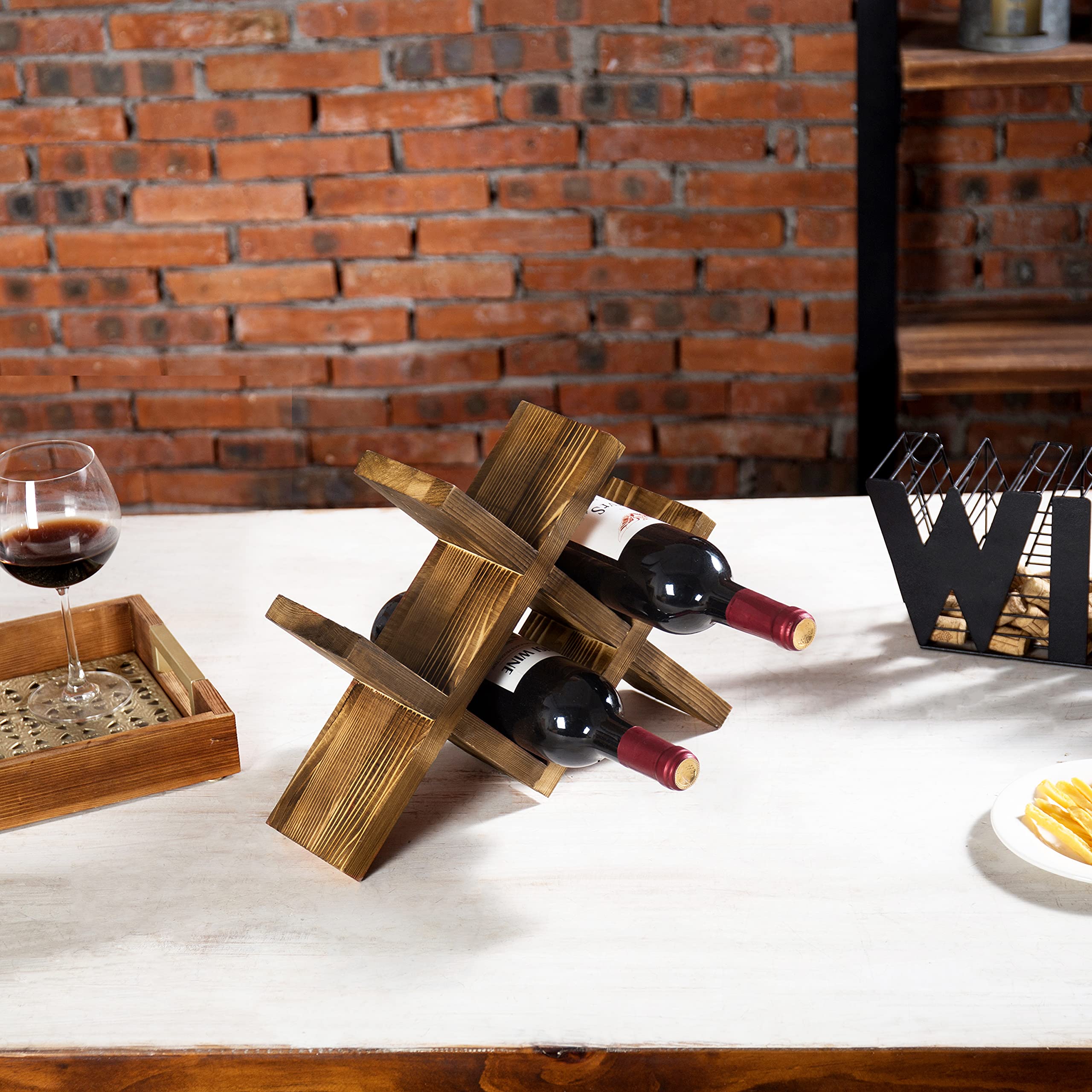 MyGift X-frame dining room wine rack showcases bottles securely