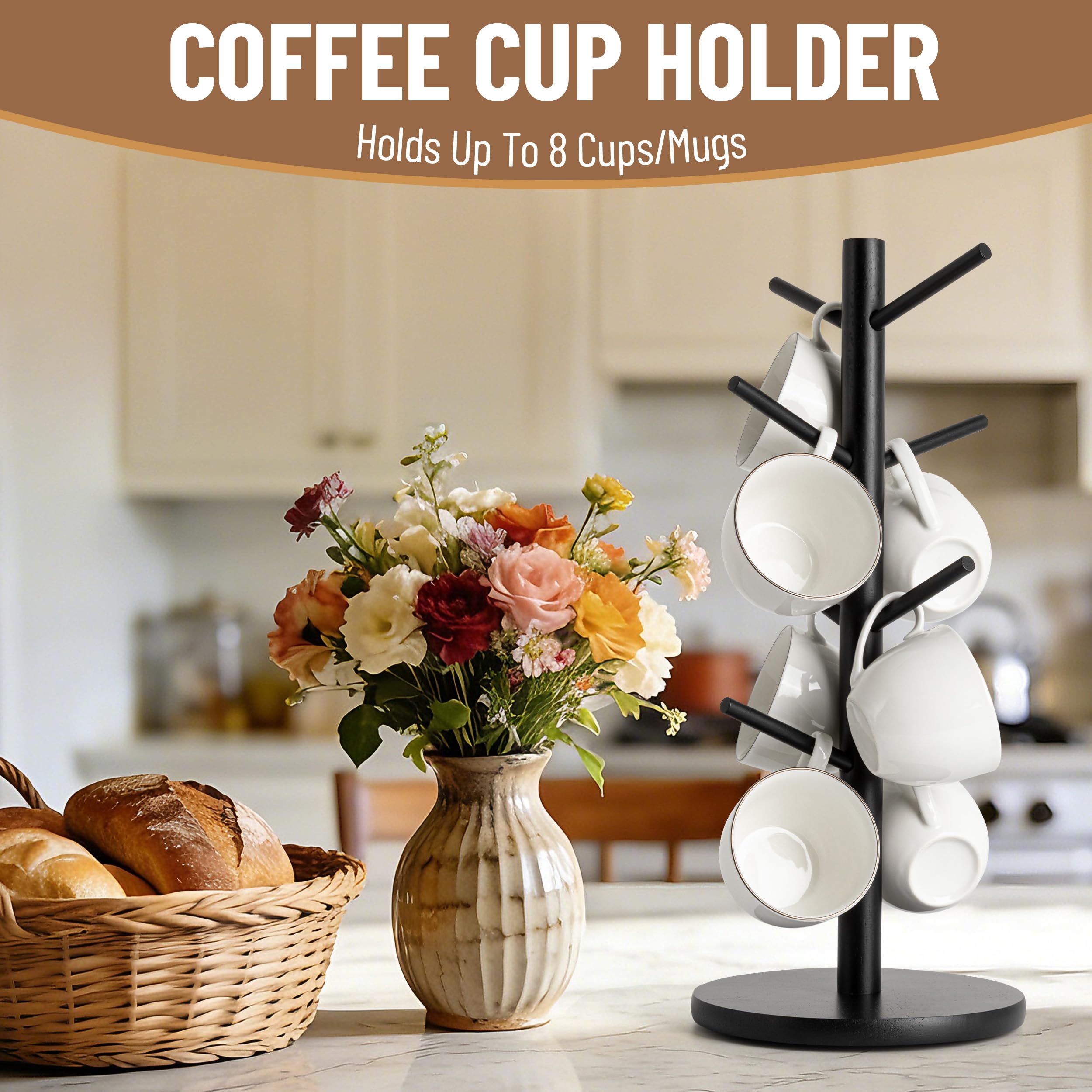 Wooden mug tree display at a stylish coffee bar