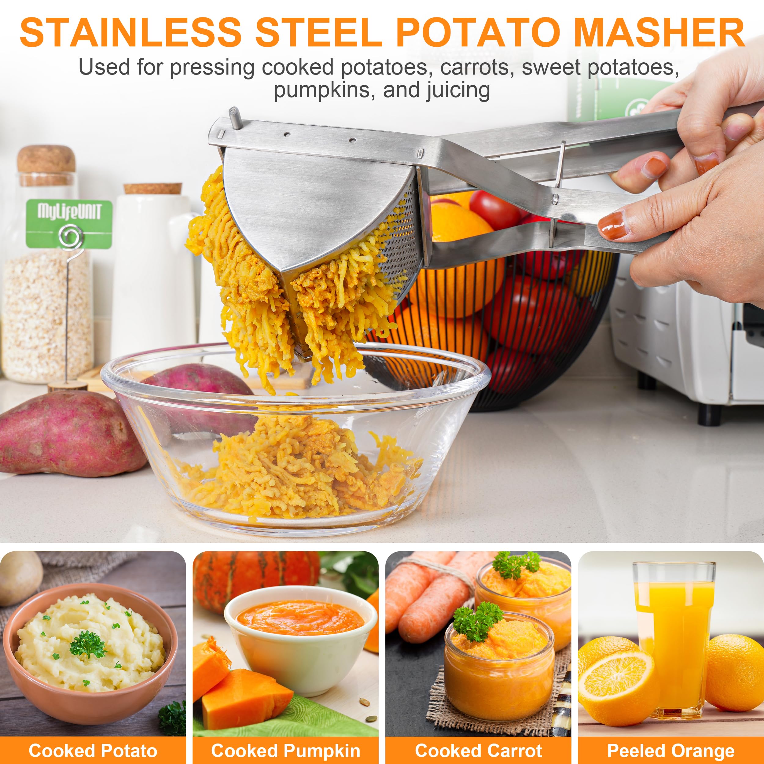 MyLifeUNIT potato ricer lever press for smooth mash.