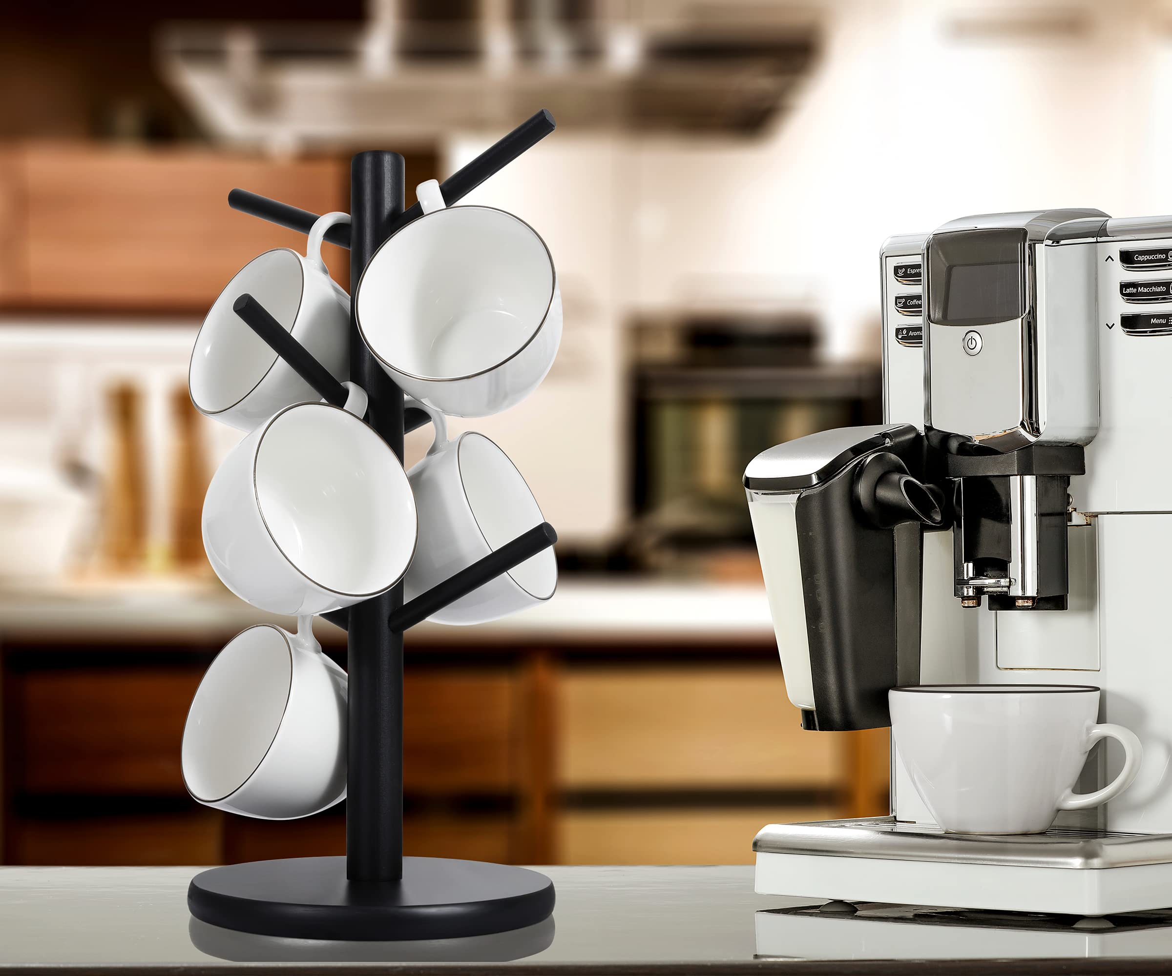 MyLifeUNIT wooden mug tree on a kitchen countertop for easy drying.