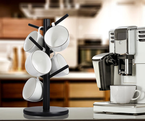 MyLifeUNIT wooden mug tree on a kitchen countertop for easy drying.