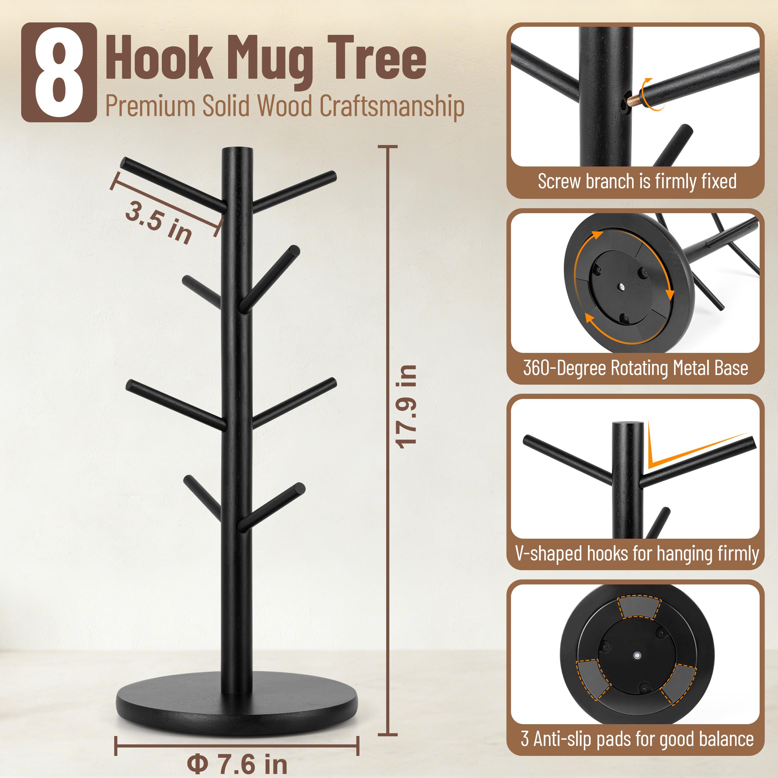 Smooth-finished wooden mug tree with protective coating