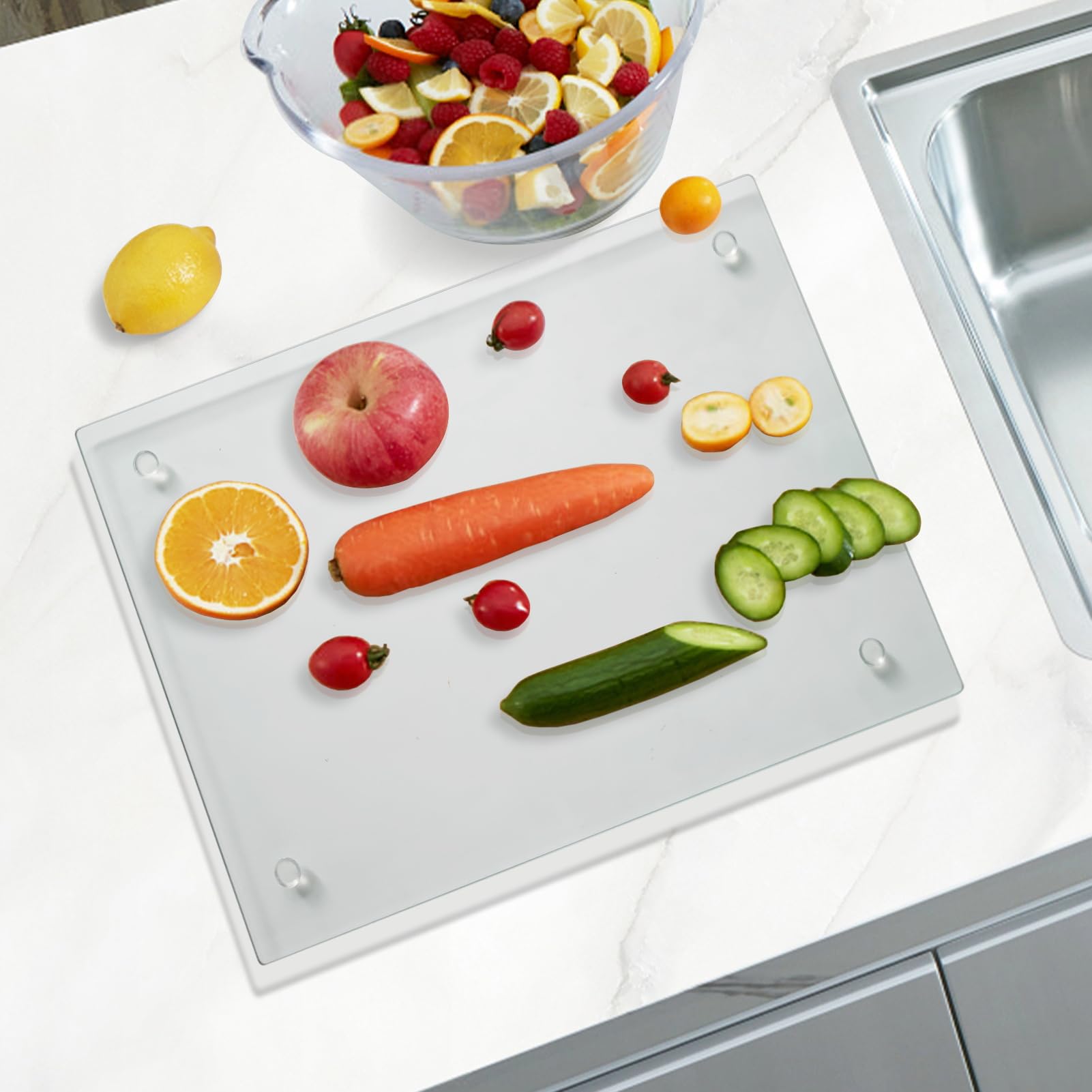 Mymonfif tempered glass cutting board, anti-slip feet, stays stable during chopping