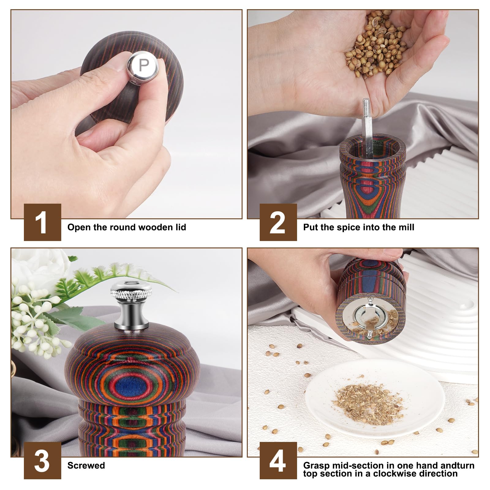 MYRAINBOW pakkawood grinder showing adjustable coarseness for precise seasoning
