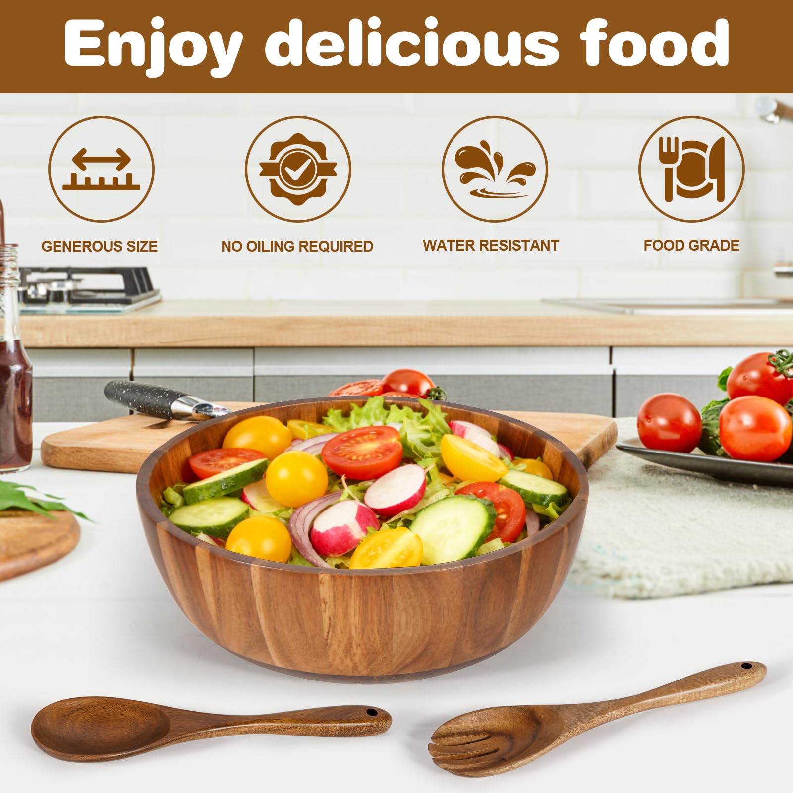 MYRAINBOW wooden serving utensils included for easy serving.
