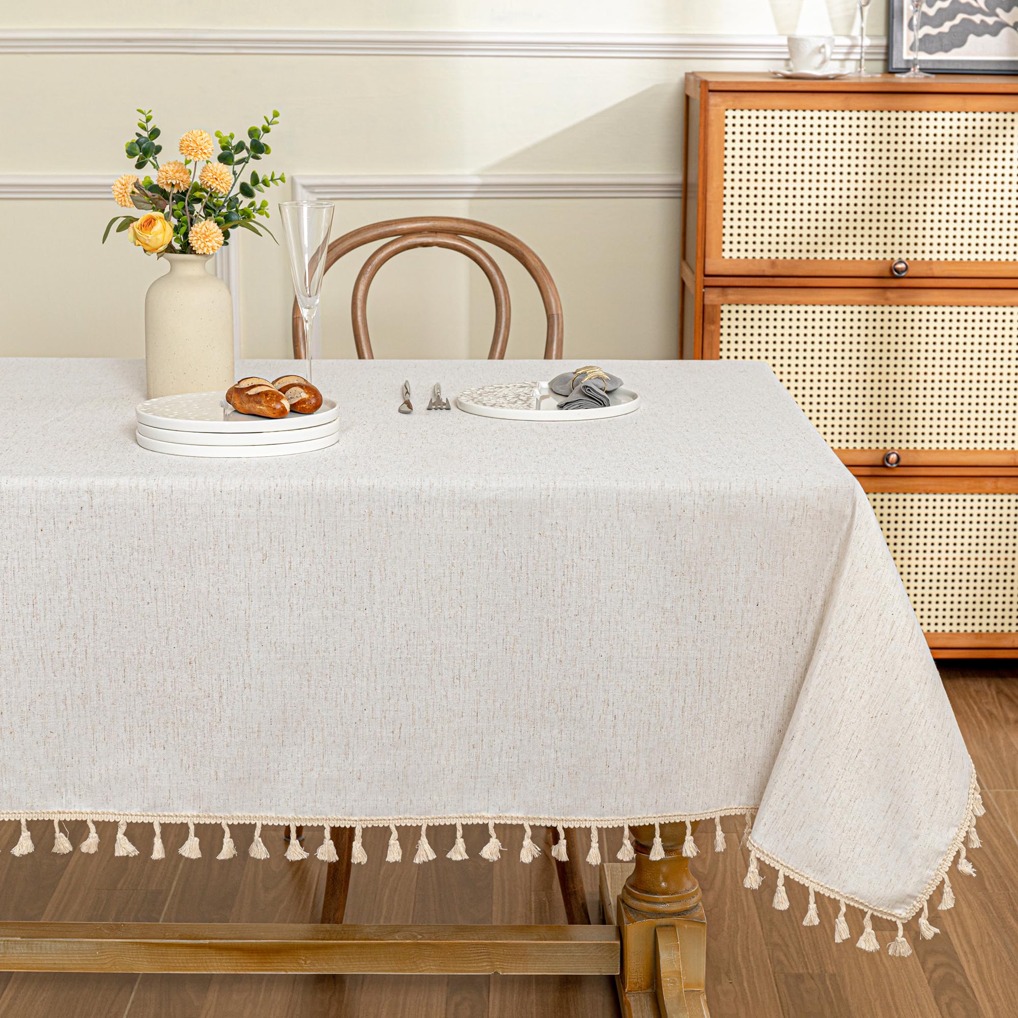 MYSKY HOME tablecloth 60x120 inches with beige tassels for elegant dining