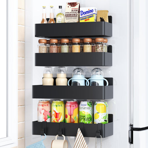 Mystozer magnetic spice rack on fridge, four-pack, black finish for easy access.
