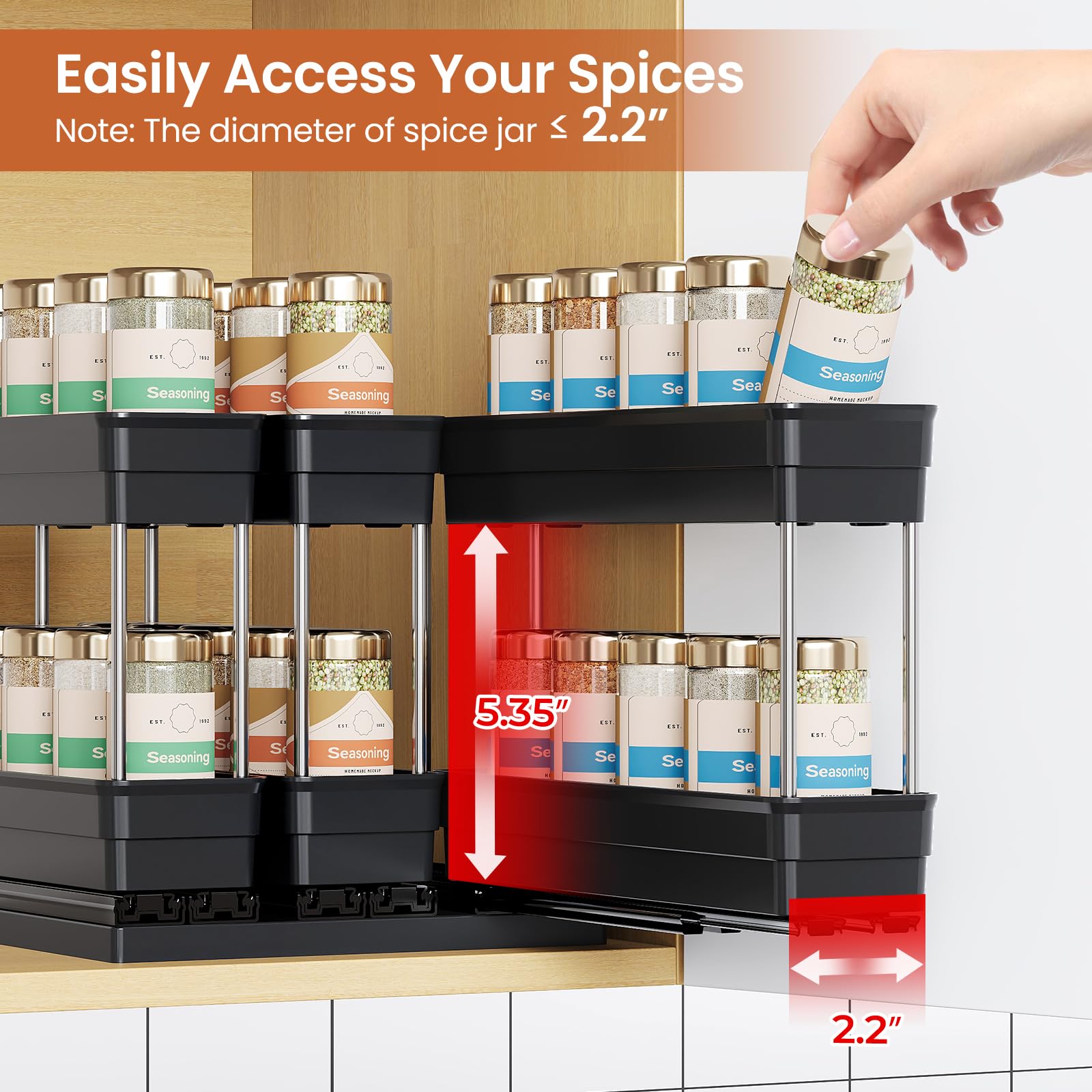 Mystozer two-tier spice rack layout for enhanced kitchen storage.