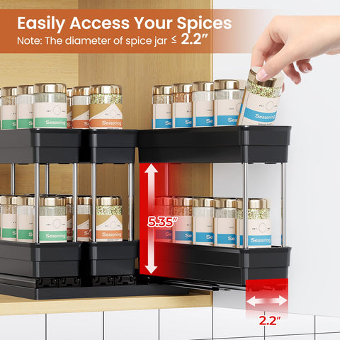 Mystozer two-tier spice rack layout for enhanced kitchen storage.